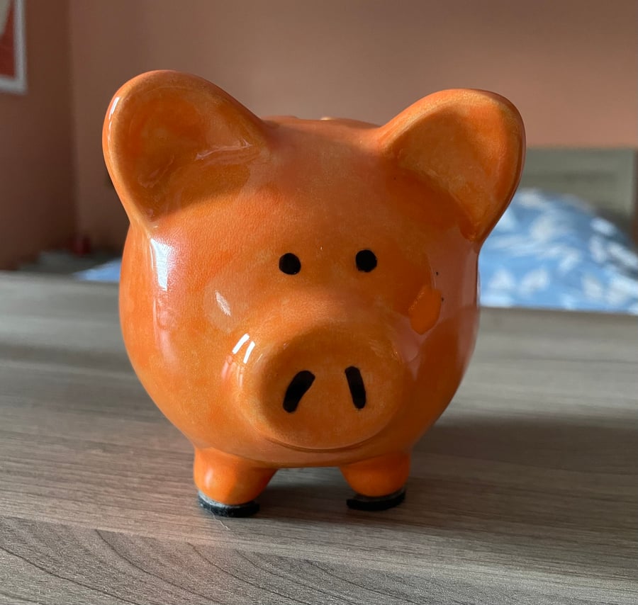 Small Piggy Bank, Orange, Ceramic, Hand Painted,