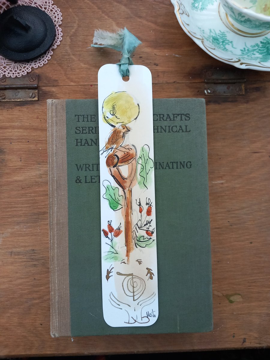 'Gardeners book mark'  Hand drawn and painted bookmark with silk ribbon '