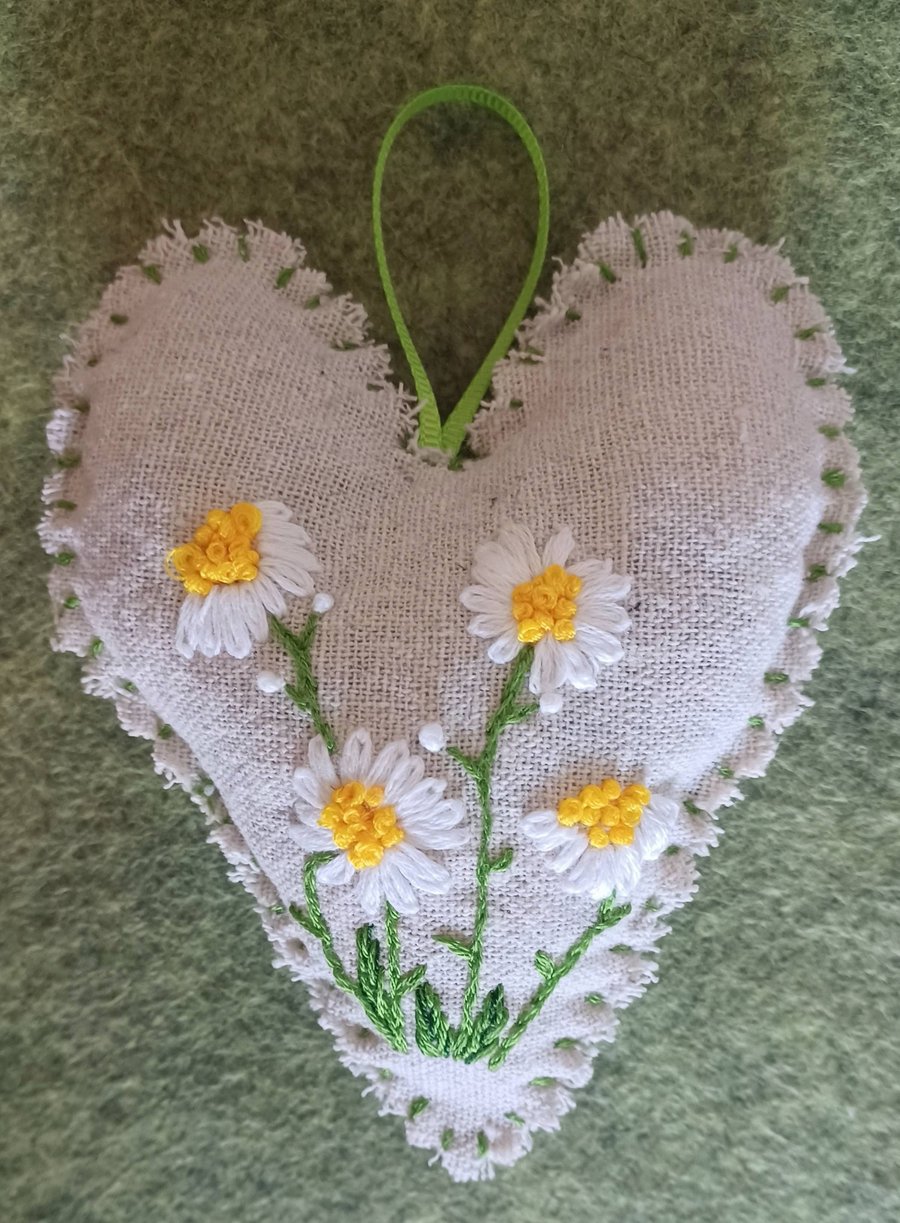 Hand Embroidered Daisy Lavender Heart Hanging 