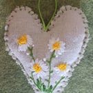 Hand Embroidered Daisy Lavender Heart Hanging 