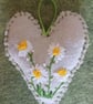 Hand Embroidered Daisy Lavender Heart Hanging 