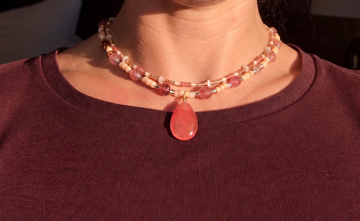 Pink Quartz Necklace with Peach Teardrop Pendant – Handmade Double Strand