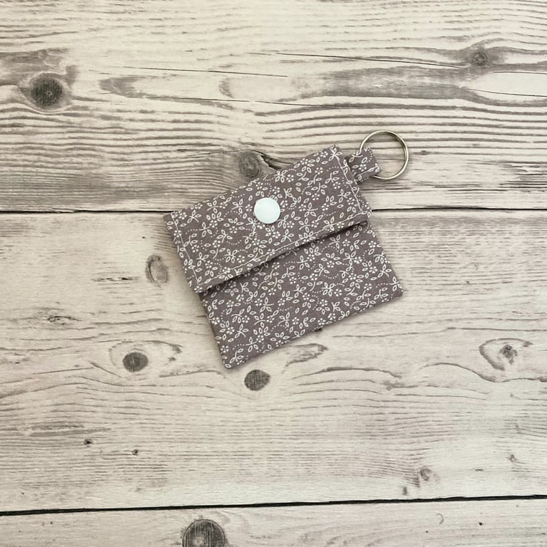 Grey ditsy floral cotton round lip balm keychain, lipstick holder.