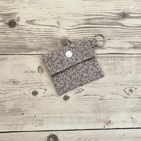 Grey ditsy floral cotton round lip balm keychain, lipstick holder.