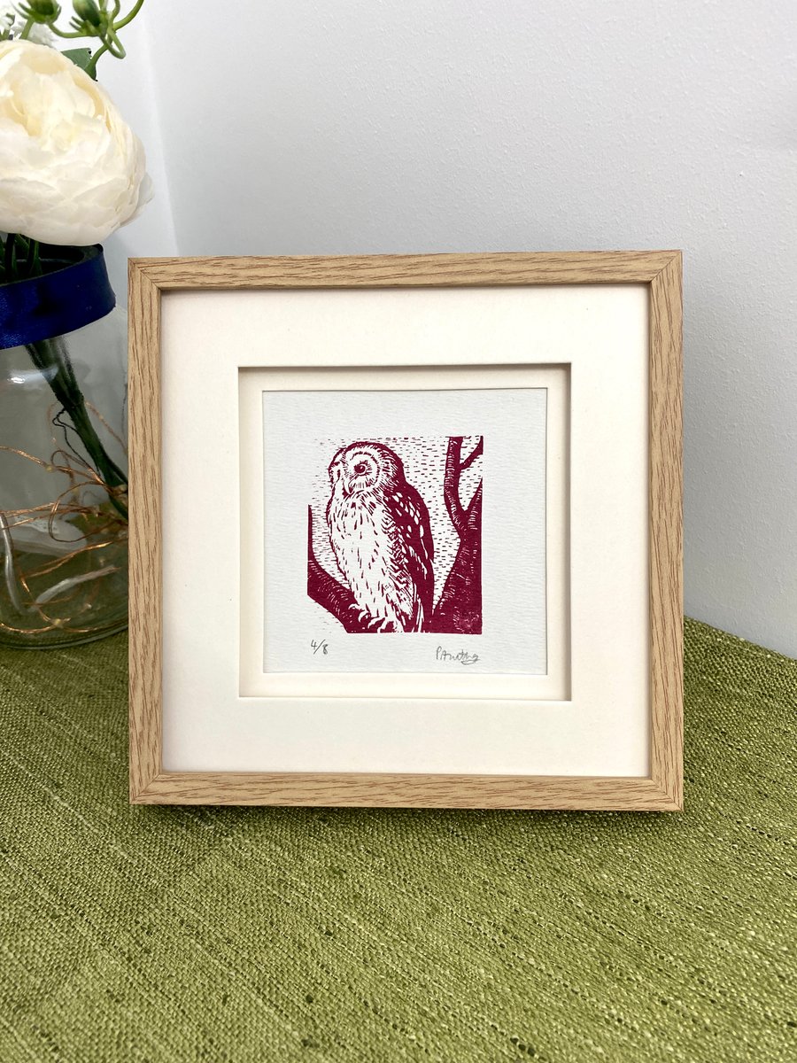 Owl original screen print - in oak frame. wall art. Gift