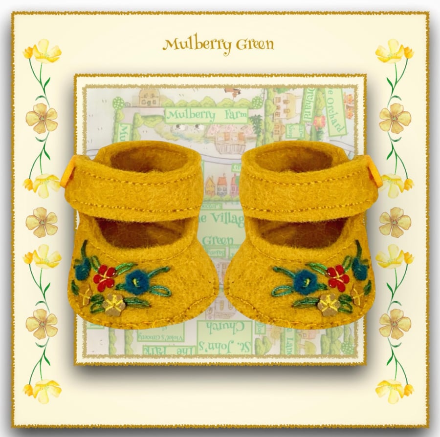 Reserved for Julie - Embroidered Golden Yellow Doll’s Shoes