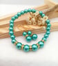 Turquoise Glass Pearl & Diamanté Earrings and Bracelet Set - Bridesmaid Gift