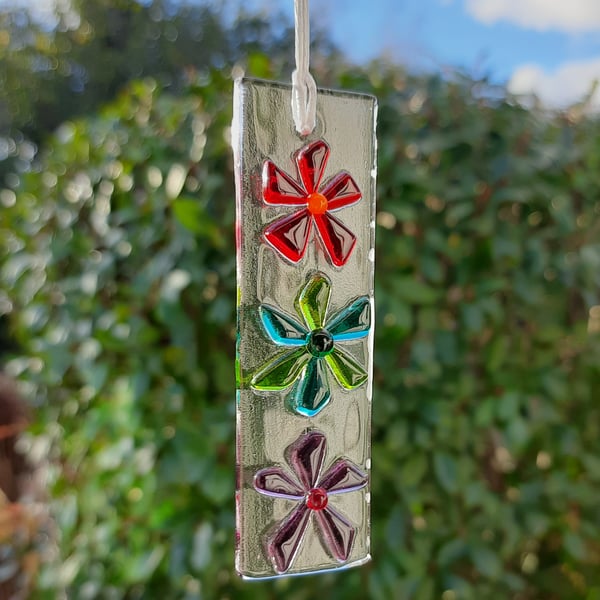 Fused Glass Red, Green & Purple Flower Suncatcher