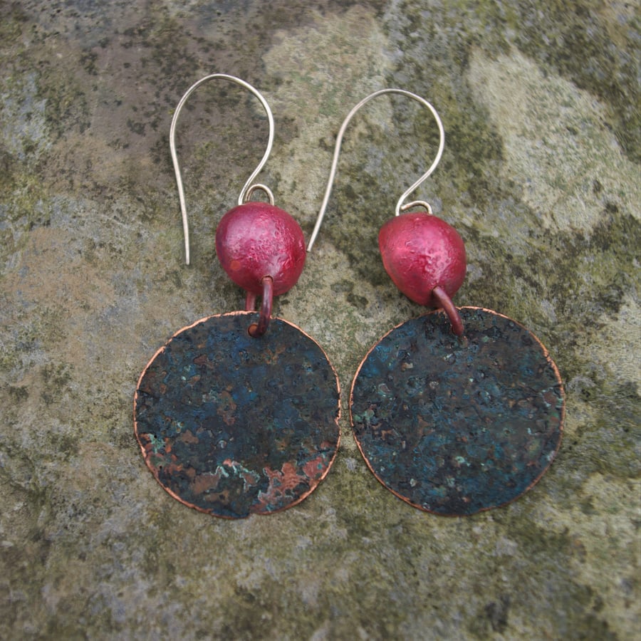Statement  Verdigris Circle and Red Copper  Dome Earrings