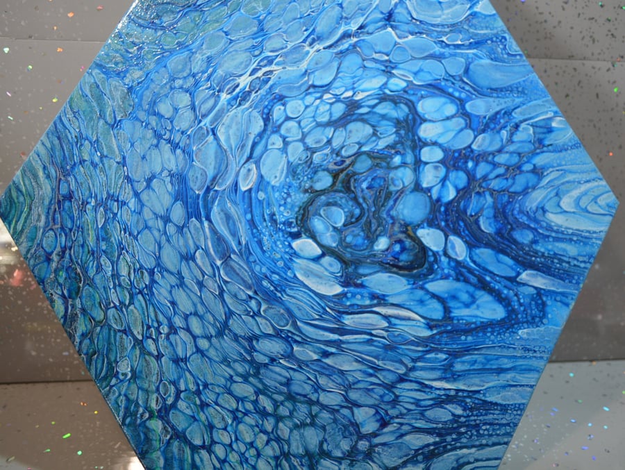 Blue Hexagon - Acrylic Paint Poured 