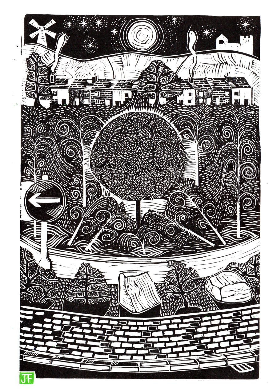 The Dandelion Fountain, Nuneaton by John Freeman, linocut print