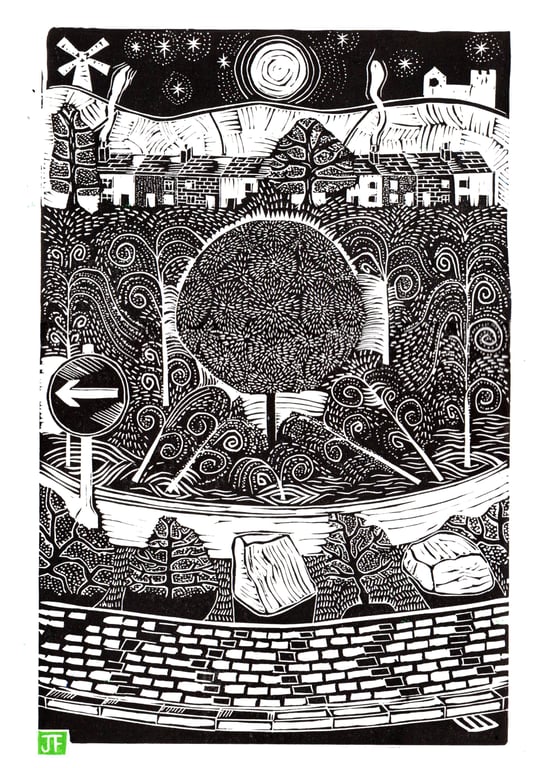 The Dandelion Fountain, Nuneaton by John Freeman, linocut print
