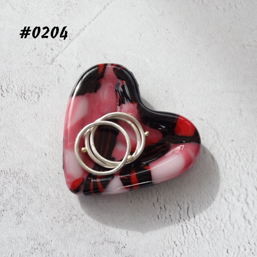 Pink & black heart shaped fused glass ring dish, 5cm approx (0204)