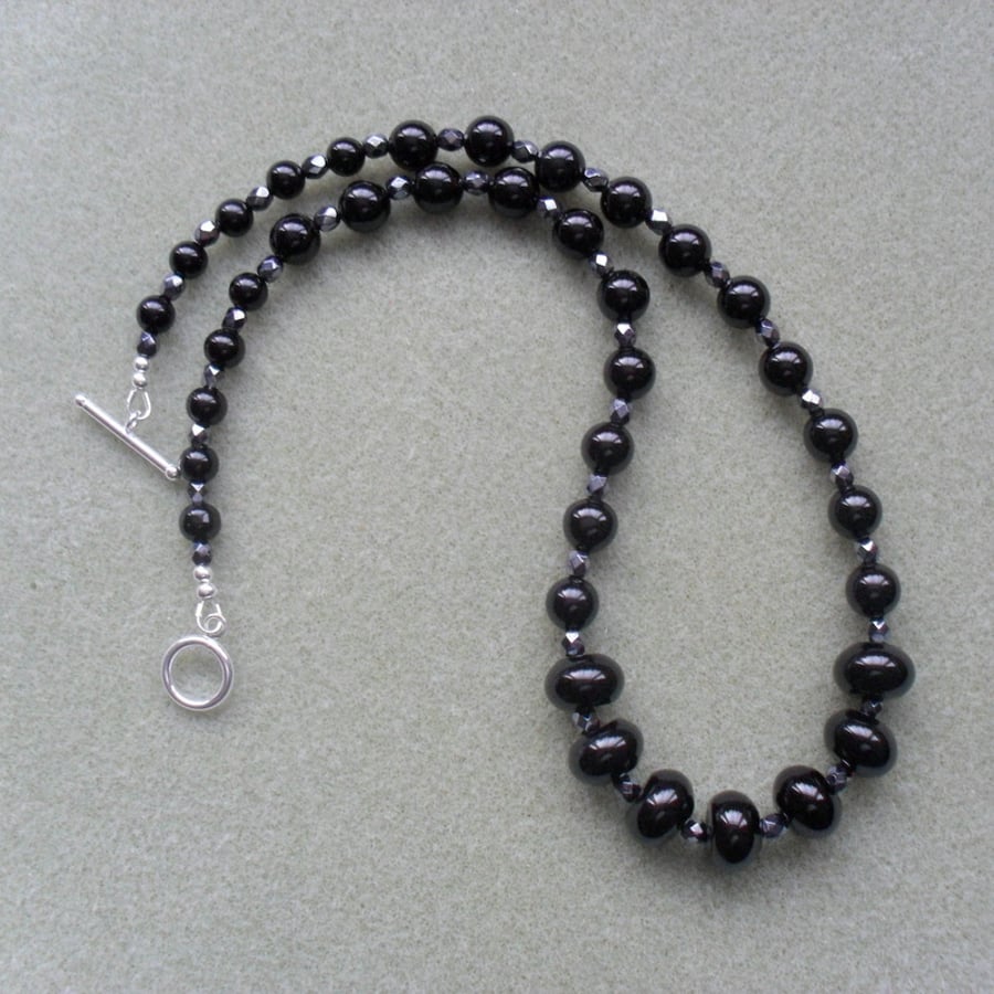 Black Onyx and Czech Glass Sterling Silver Necklace