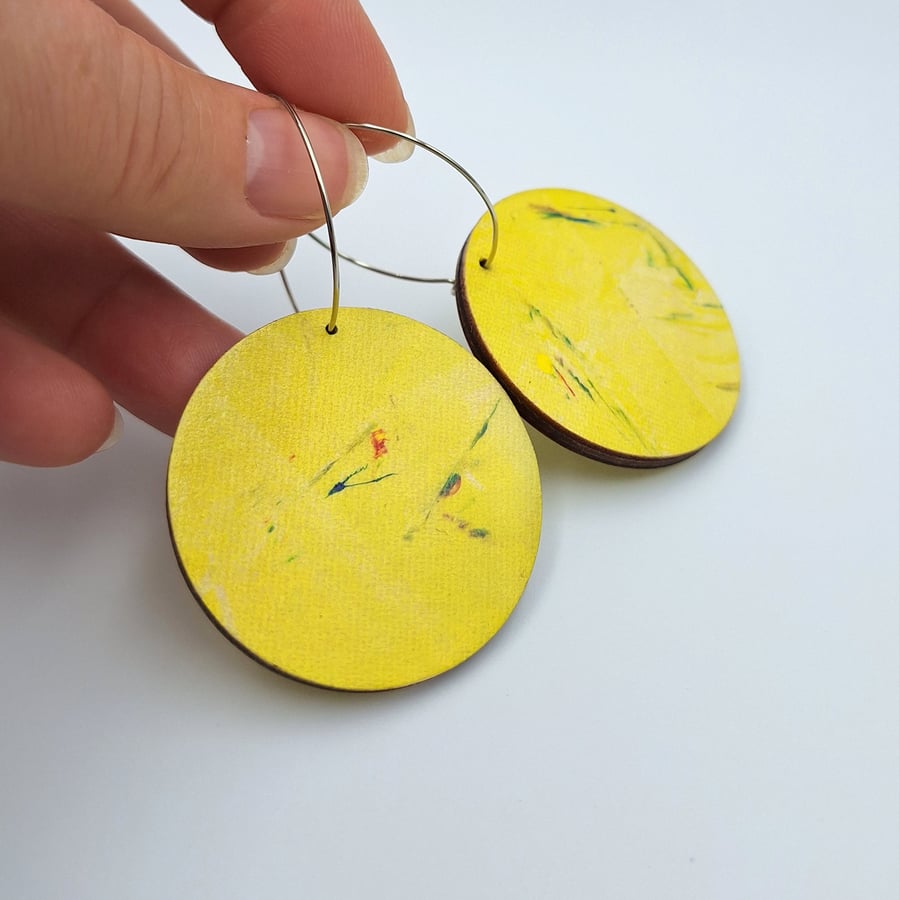 Bright yellow large wooden hooped dangly earrings