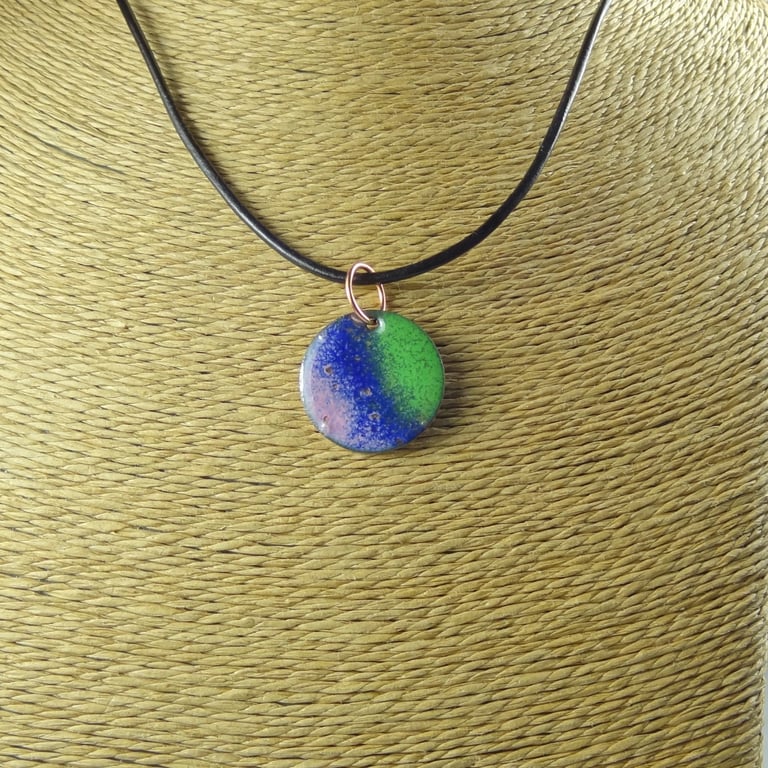 Pink blue green glass enamelled copper pendant on leather cord 22mm disc (0111)