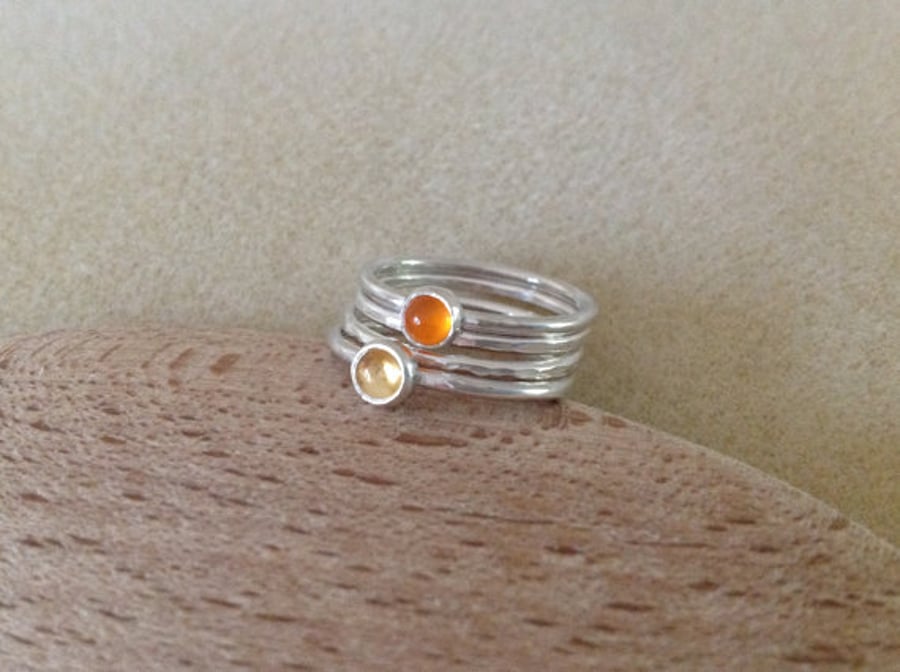 Orange Carnelian and Yellow Citrine Sterling and Fine silver stacking ring set