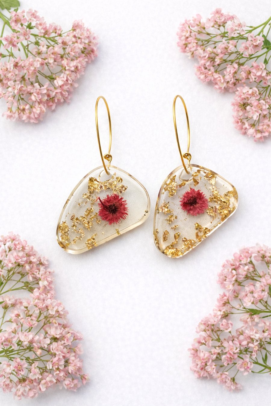 Large Pink Flower Resin Earrings with Gold Leaf – Asymmetrical Botanical Stateme