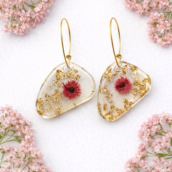 Large Pink Flower Resin Earrings with Gold Leaf – Asymmetrical Botanical Stateme