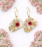 Large Pink Flower Resin Earrings with Gold Leaf – Asymmetrical Botanical Stateme