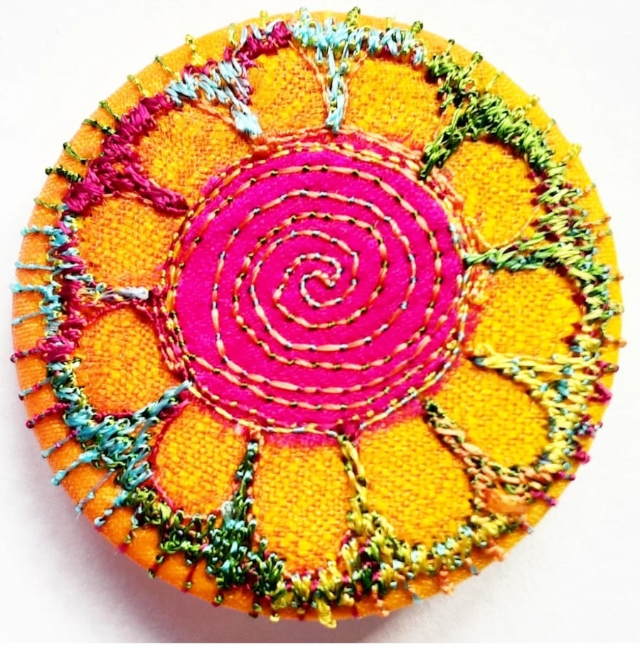 38mm Hand Dyed Fabric Flower Botanical Badge with Free Machine Embroidery 