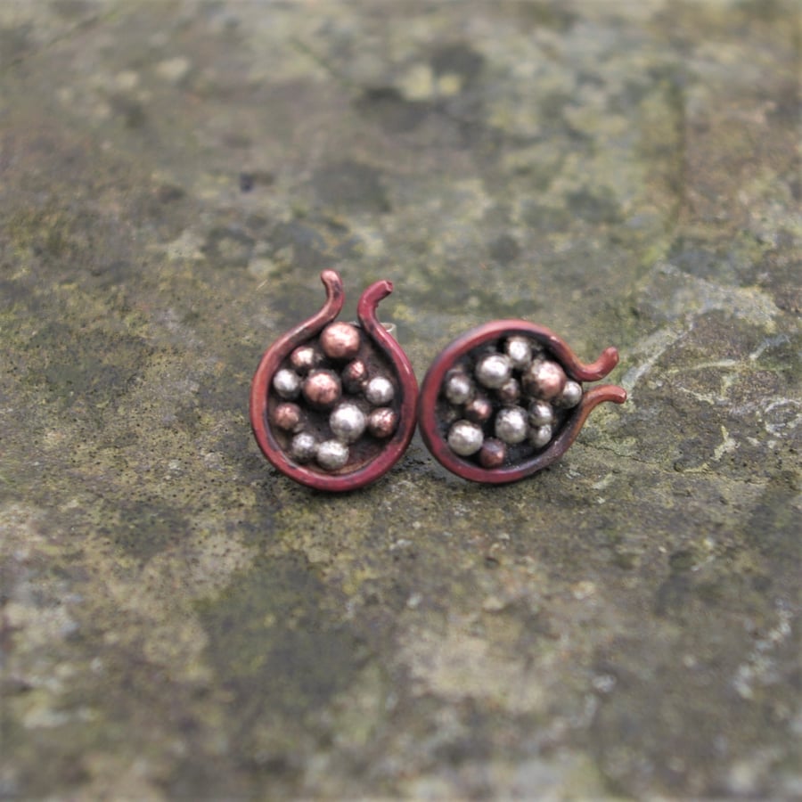 Copper and Silver Pomegranate Stud Earrings