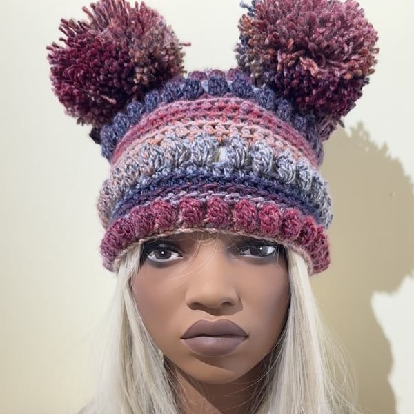Funky Crochet Hat with double pom poms.   Soft heather colours. Stockingfiller.
