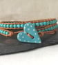 Turquoise semi precious double wrap leather bracelet with ceramic heart button  - Image 8