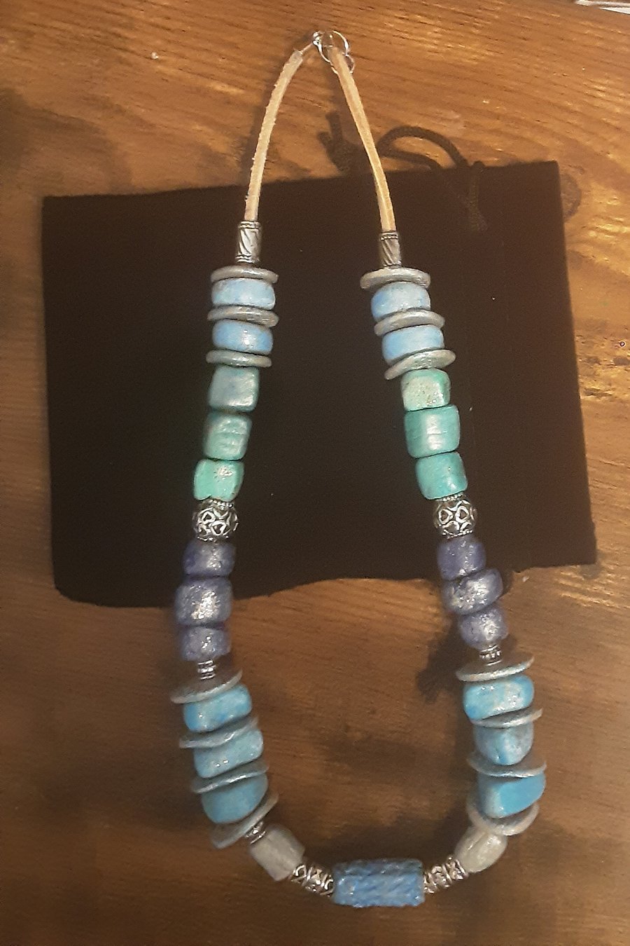 Blue beaded thong necklace