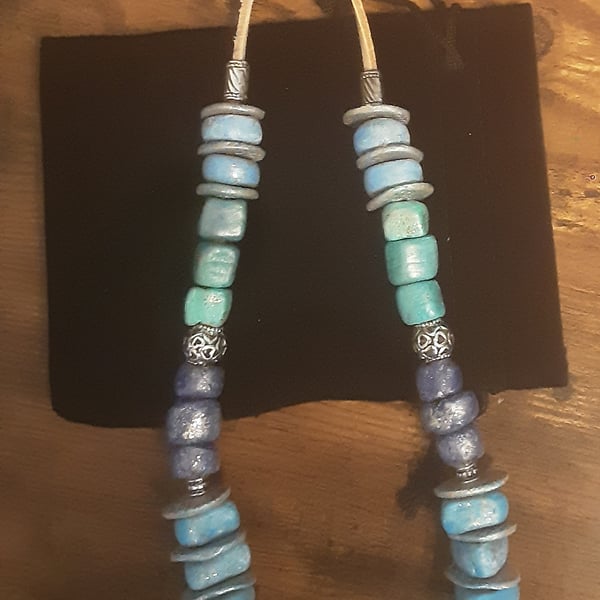 Blue beaded thong necklace