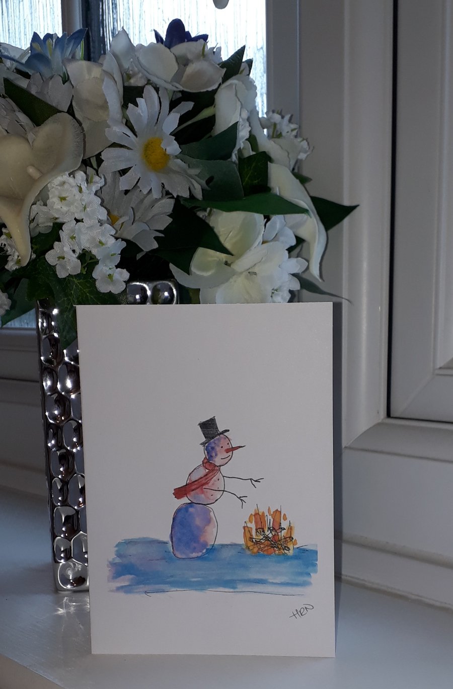 Snowman warming by the fire card with white envelope - Folksy.com