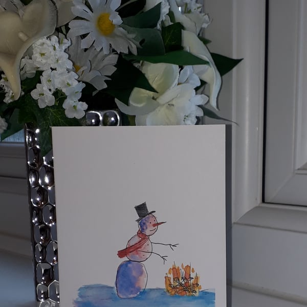 Snowman warming by the fire card with white envelope - Folksy.com