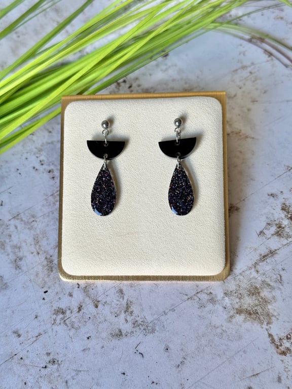 Black Acrylic Marble and Glitter Elegant Drop earrings