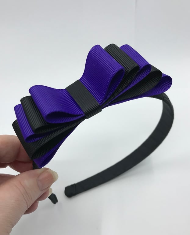 Black Hairband with 5 Layer Black and Purple Two-tone Straight Bow