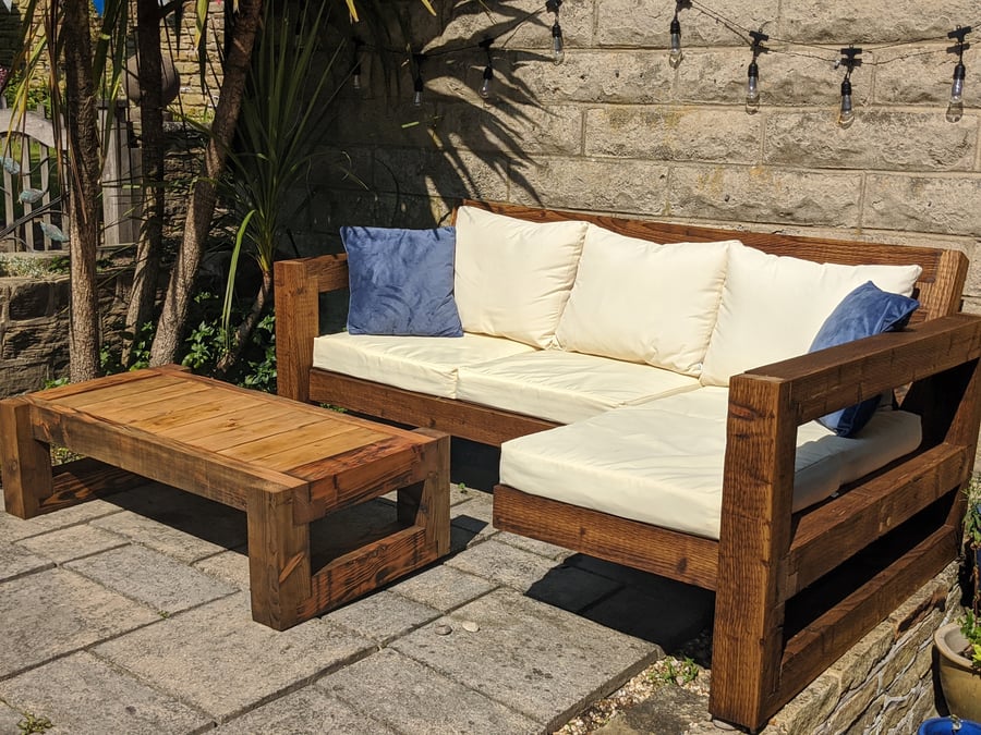 Rustic-Industrial Solid Wood Garden Sofa & Table Patio Set