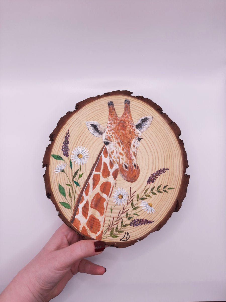 Giraffe painting on raw edge wood