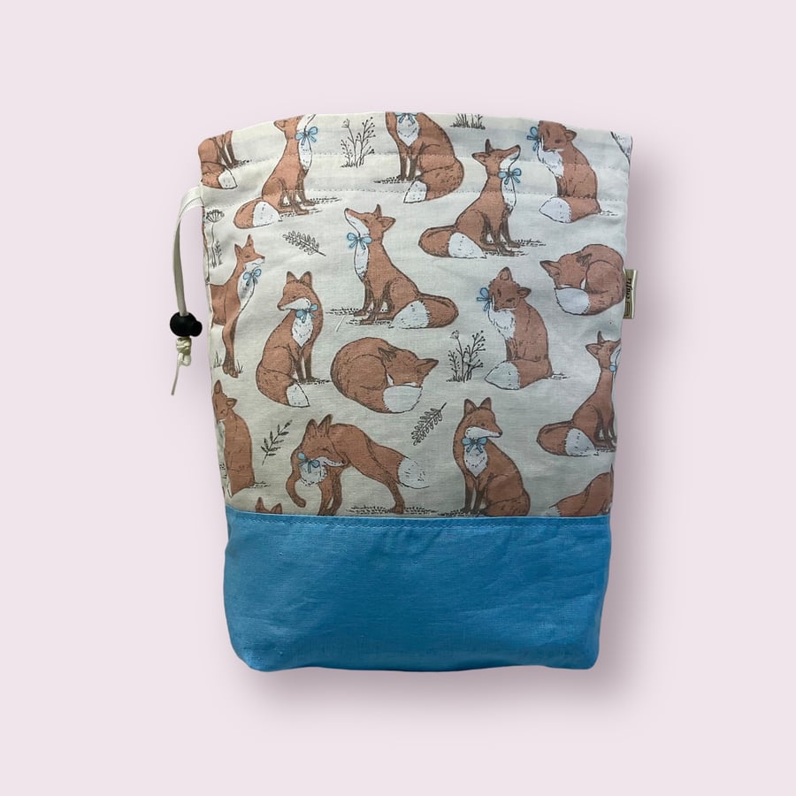 two at a time knitting bag with foxes, fox sock sack, drawstring divided pouch, 