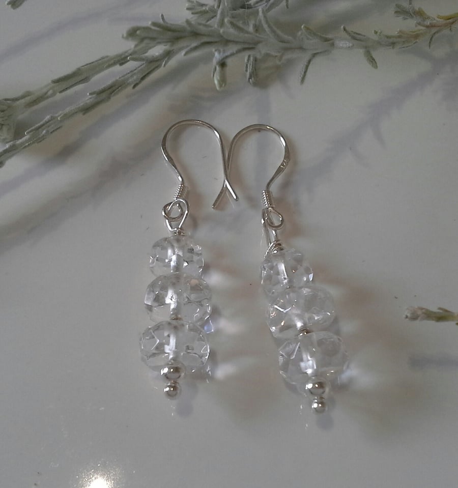AA Grade Genuine Faceted Clear Quartz Earrings Sterling Silver (Not Glass)