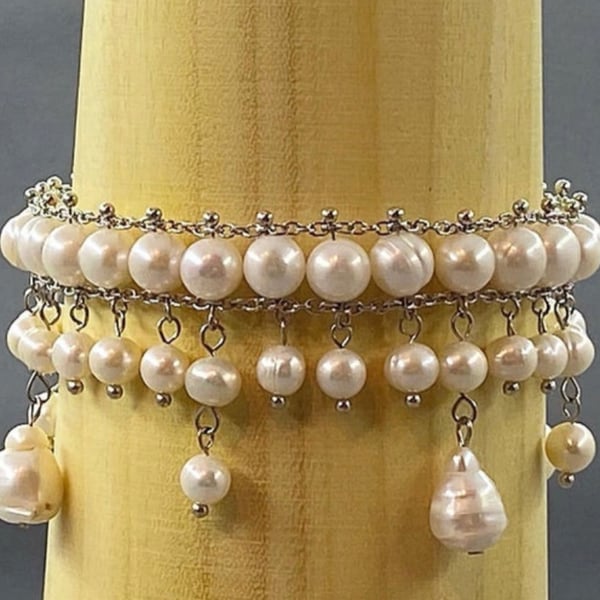 Ivory Cultured Pearl Dangle Drop Boho Bracelet