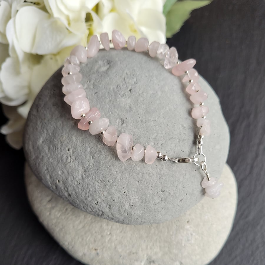 Rose Quartz Chip and Sterling Silver Bracelet