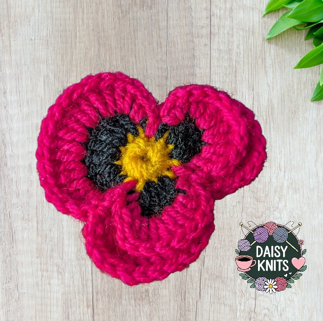 Hand Knitted Dark Pink Pansy Brooch