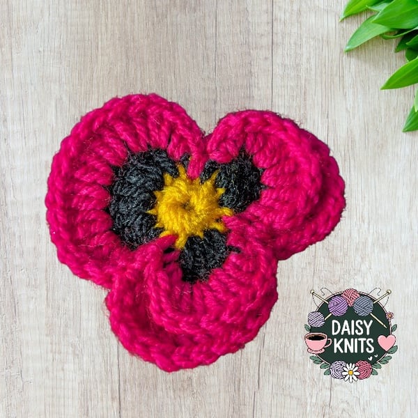 Hand Knitted Dark Pink Pansy Brooch