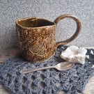 moth floral brown green mug ceramic pottery cup, stoneware handmade 