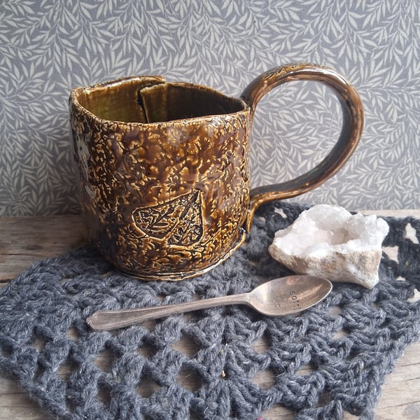 moth floral brown green mug ceramic pottery cup, stoneware handmade 