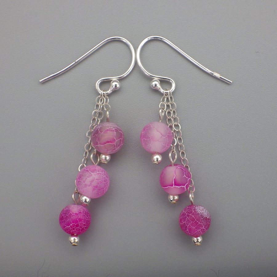 Three tier round frosted dyed pink agate bead earrings with Sterling Silver