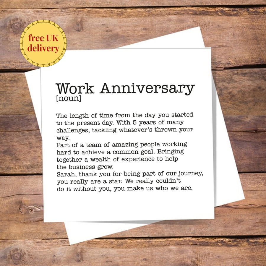 Work Anniversary Definition Card Personalised - from employer, length of service