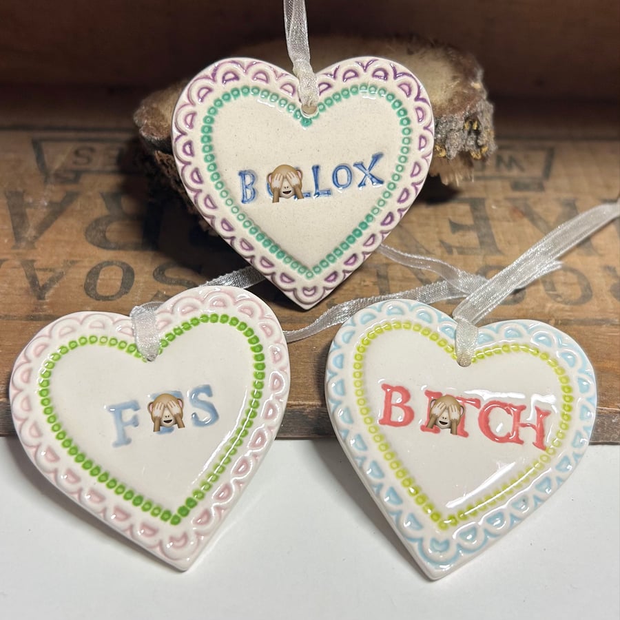 Perfectly imperfect set of three Small Ceramic heart decoration Swear words 