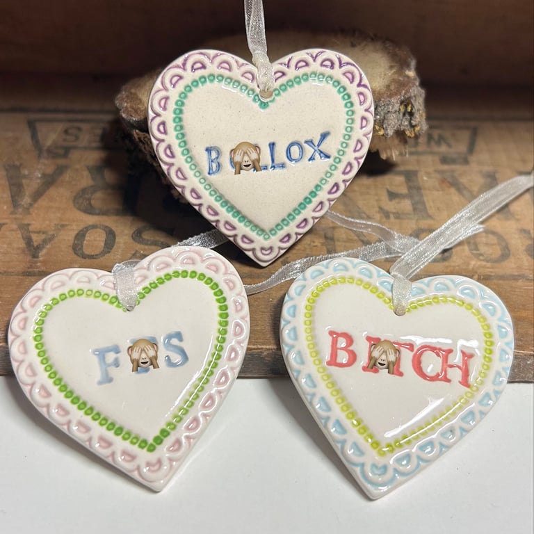 Perfectly imperfect set of three Small Ceramic heart decoration Swear words 