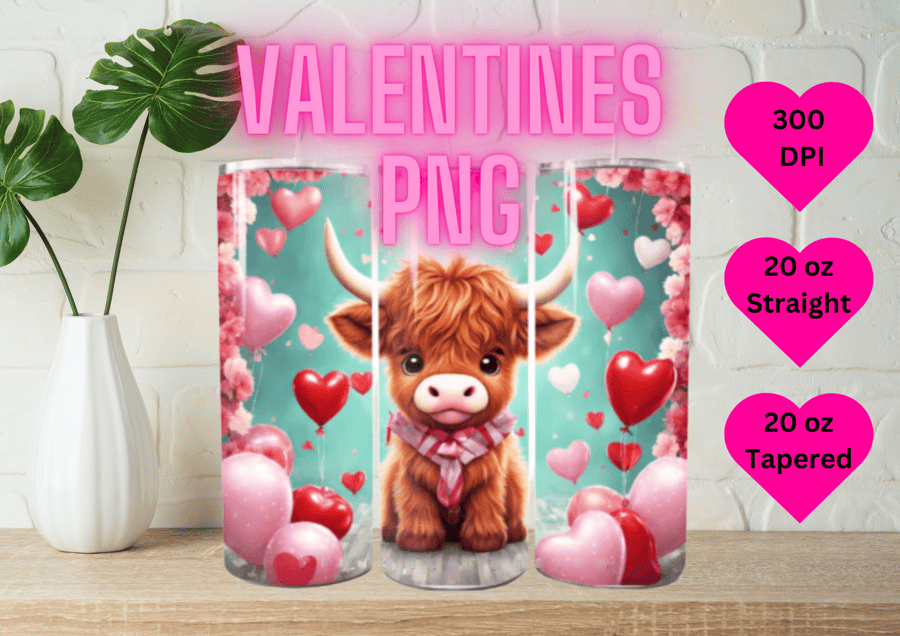 Cute Highland Cow Valentine's Day Tumbler PNG for Sublimation