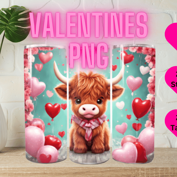 Cute Highland Cow Valentine's Day Tumbler PNG for Sublimation